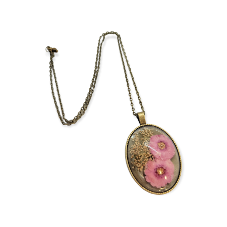 Necklace bronze oval purple flowers3